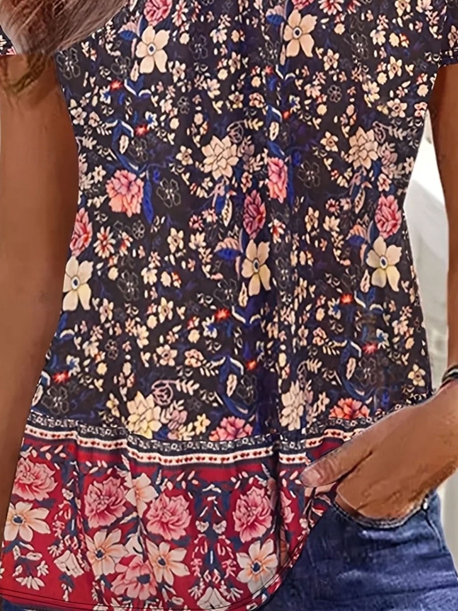 Pentru femei Tricou Floral Grafic Epocă Stilat Clasic Manșon scurt În V Topuri obișnuite Zilnic Imprimeu Roz Îmbujorat Vară Primăvară 2025 - $19.99 –P3