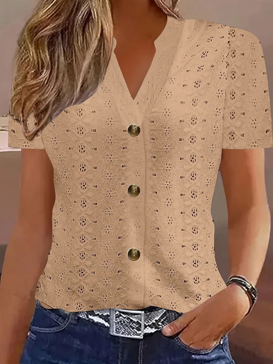 Women's T Shirt Solid Color Plain Basic Modern Casual Short Sleeve V Neck Regular Tops Daily Weekend Buttons Eyelet White Wine Fuchsia Khaki Summer 2025 - $19.99 –P2