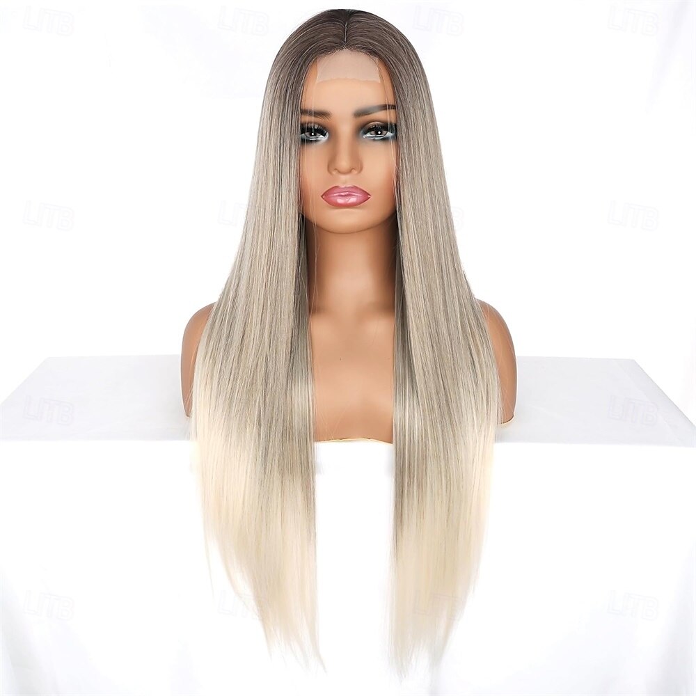 Peruca loira ombré longa de aparência natural com raízes castanhas, sem cola, para mulheres, cabelo sintético liso e sedoso, resistente ao calor, 28 polegadas de 2025 por $27.99 –P3
