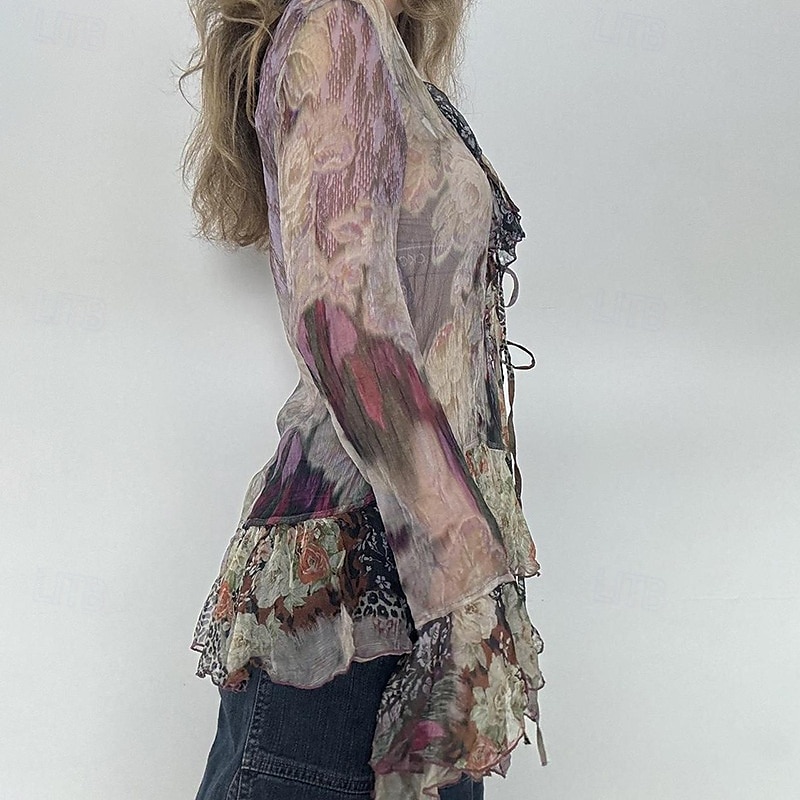 Damen Boho-Hemd Bluse Blume Modern Boho Langarm V Ausschnitt Normale Oberteile Täglich Ferien Netz Druck Purpur Sommer 2025 - $21.99 –P5