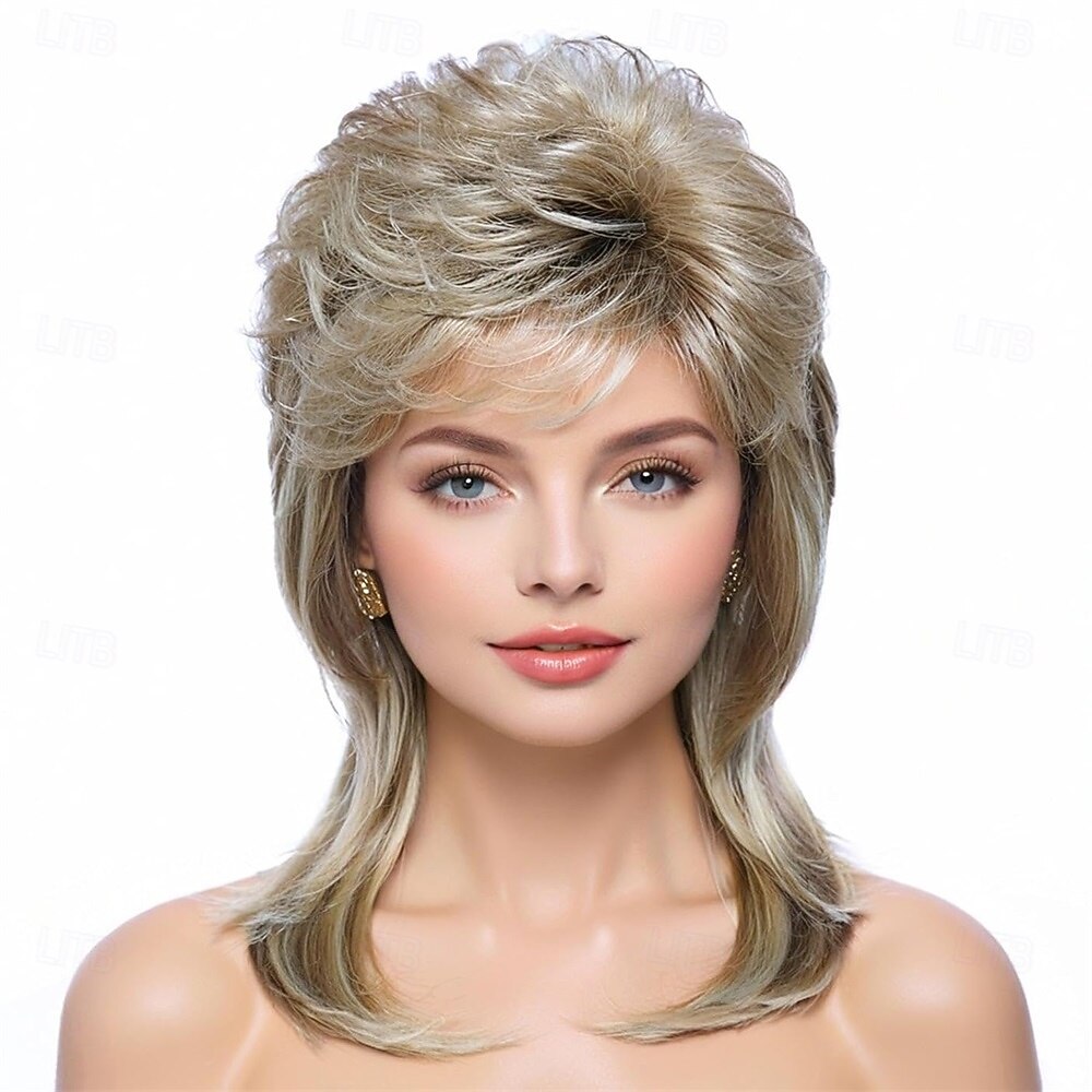 Mullet paruky pro ženy kudrnaté syntetické odolné vůči teplu vlasy po ramena 80. léta rocker cosplay paruky (blond smíchané s černou) Halloween paruky 2025 - $24.99 –P4
