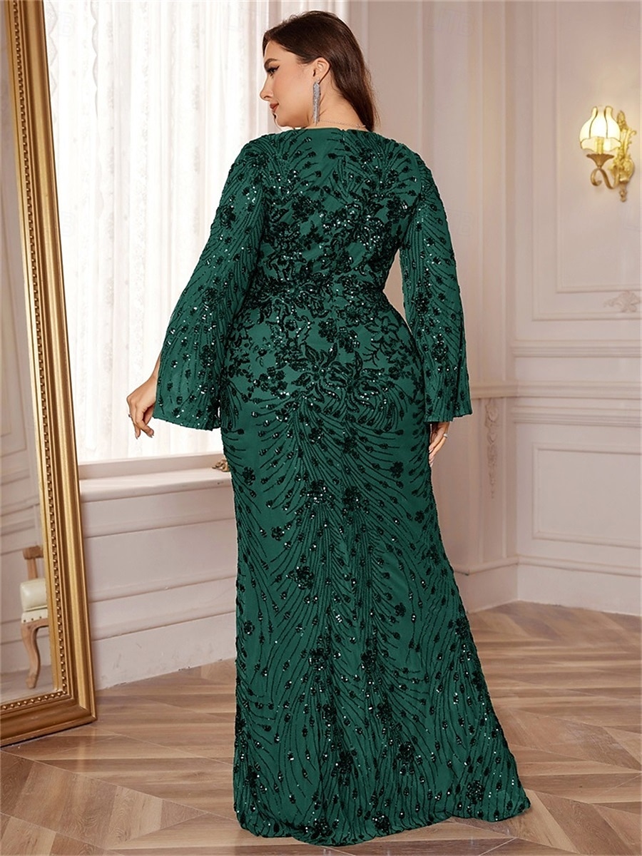 Abiti Plus Size Sirena  Tromba Elegante Abito Curvilineo Formale Matrimonio Lunghezza Piena a Manica Lunga con Scollatura a V in Paillettes con Paillettes del 2025 a $159.99 –P4