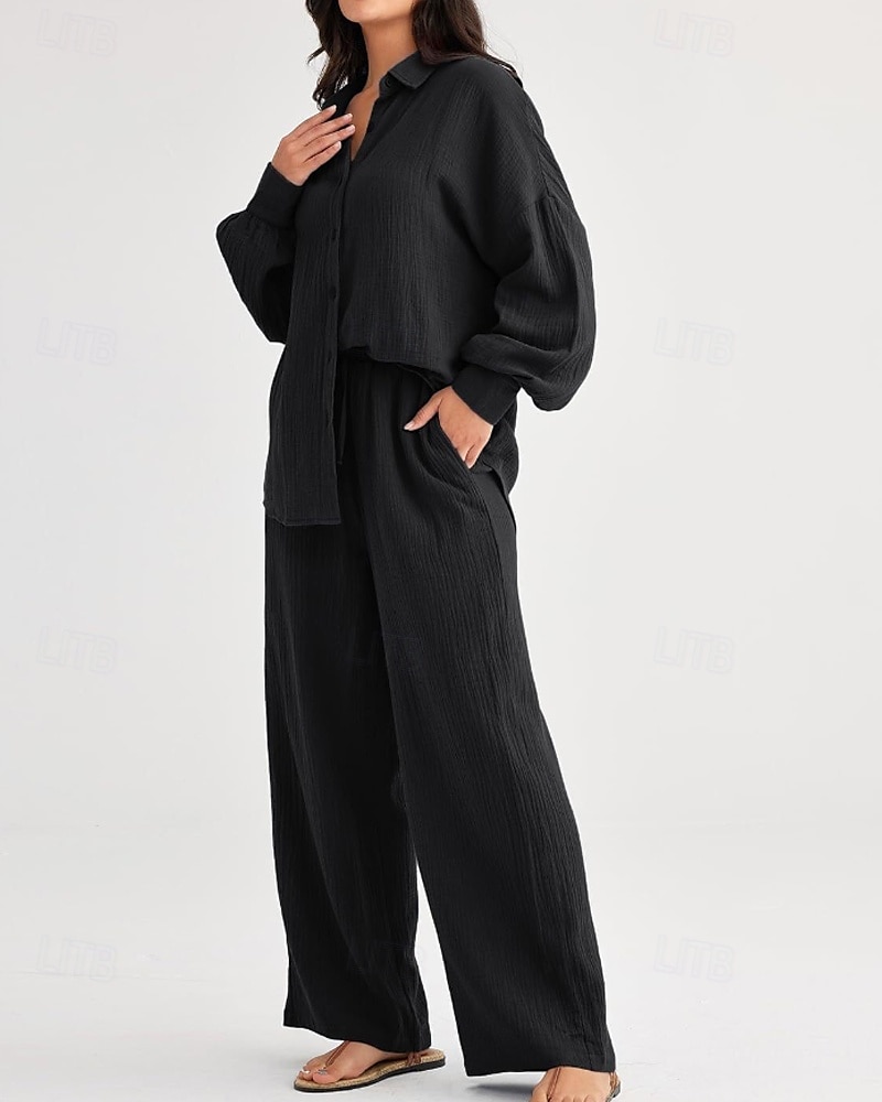 Women's Active Fashion Cotton Linen Shirts Cotton Linen Sets Blouse Long Sleeve Shirt Collar Solid Color Dubbele Rij Knopen Holiday Casual Daily Black Ivory Wine Summer Regular Fit 2025 - $37.99 –P3