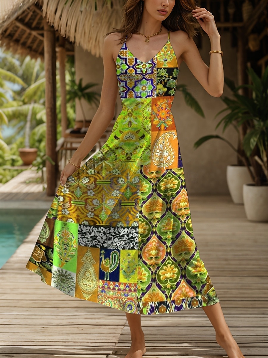 Dam Maxiklänning Solklänning A linjeklänning Slipklänning Semester Ledigt Boho Strand Normal Grafisk Årgång Bohemisk Ärmlös V-hals Gul Rubinrött Blå Purpur Sommar Vår 2025 - $28.99 –P6