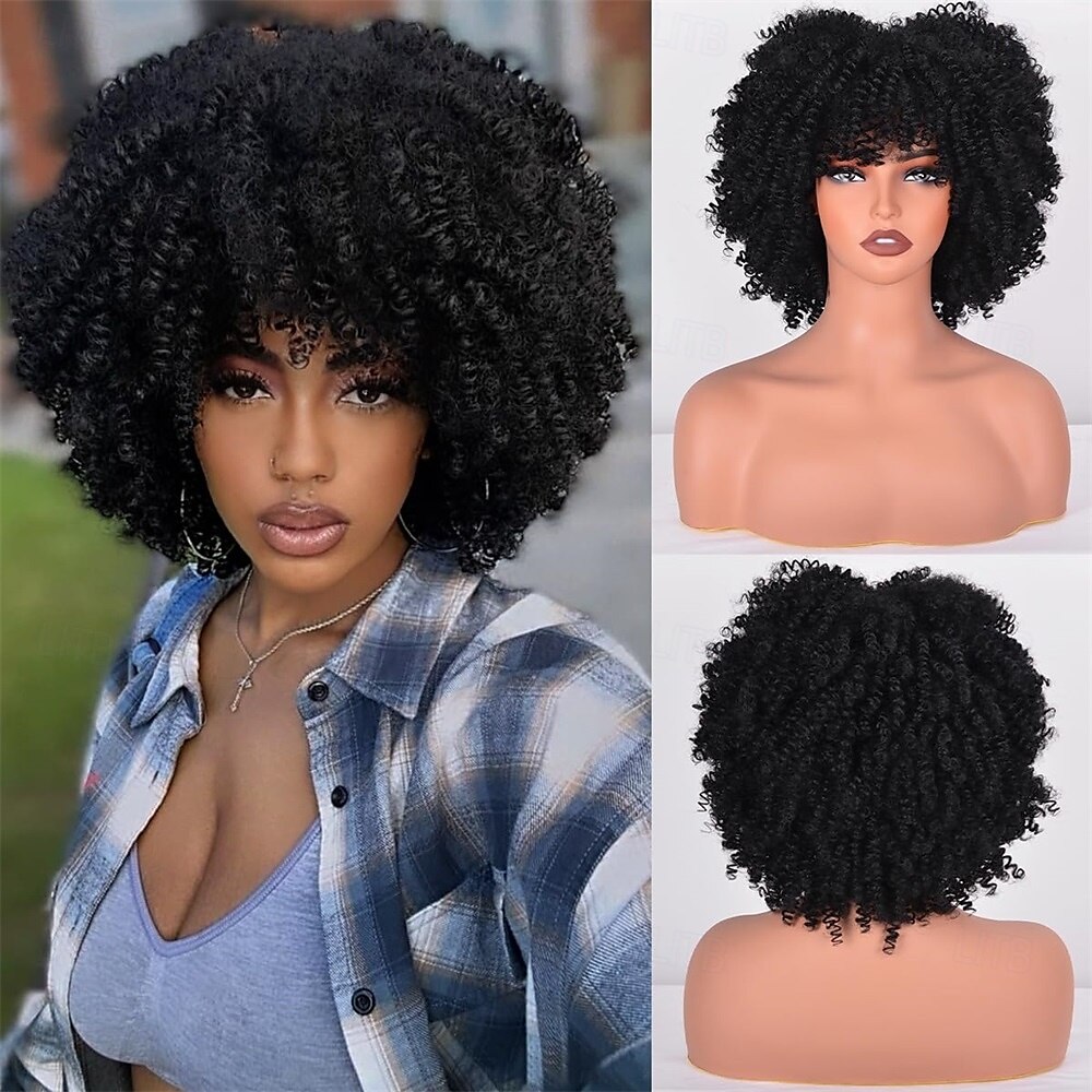 Perruques afro pour femmes noires 10 pouces 230g/pièce Perruque synthétique résistante à la chaleur avec des frisottis courts et une frange pour fête des années 70 Halloween de 2025 ? $25.99 –P1