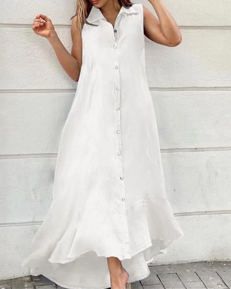 Pentru femei Rochie Lunga Rochie Maxi Rochii Tip Cămașă Rochie din in bumbac Clasic Modern În aer liber Concediu Ieșire Fit regulat Simplu Fără manșon Guler Cămașă Negru Alb Vară 2025 - $32.99 –P3