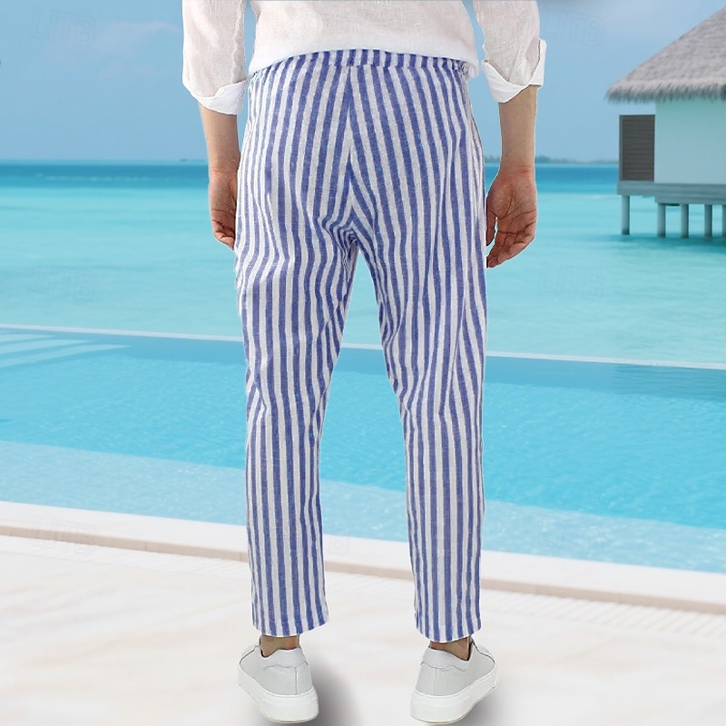 Herre Linbukser Bukser Sommerbukser Strandbukser Lomme Snorer Elastisk midje Stripet Komfort Pustende Feriereise Daglig Ferie Hawaiisk Bohem Svart Rød 2025 - $16.49 –P5