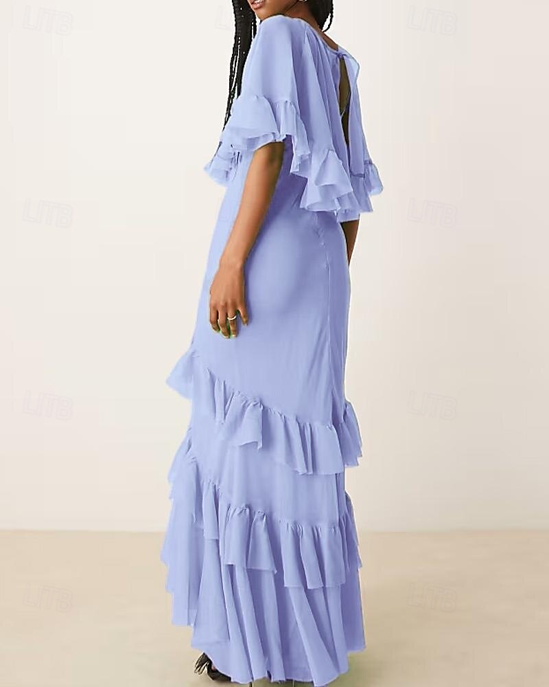 A-Linie Brautmutter Kleid Rohe Kanten Einfach Minimalistisch Boot-Ausschnitt Bodenlang Chiffon Kurzarm mit Kaskade Rüschen 2025 - $123.99 –P3