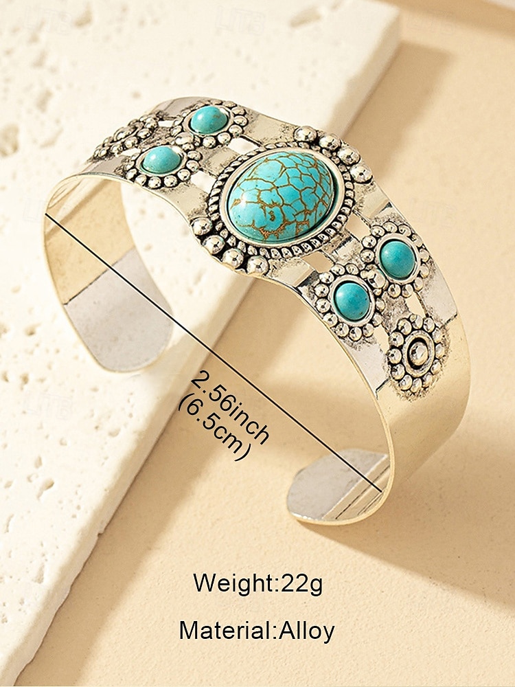 Women's Vintage Gold Cuff Bracelet with Turquoise Stones – Boho Style Adjustable Bangle for Ladies, Ideal for Casual Outfits, Parties and Summer Festivals 2025 - $9.99 –P3