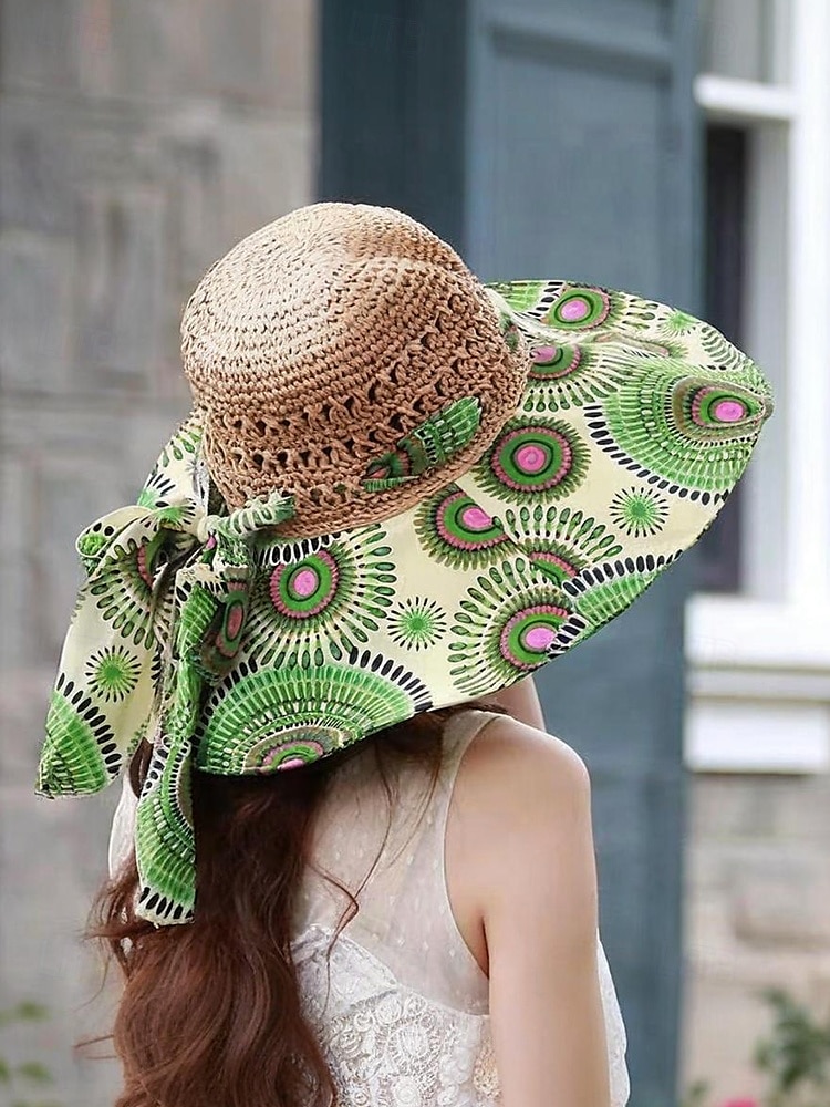 Women's Wide Brim Straw Sun Hat with Colorful Ethnic Print Bow – Boho Style Foldable Beach Hat for Summer Travel and Vacation 2025 - $14.99 –P2