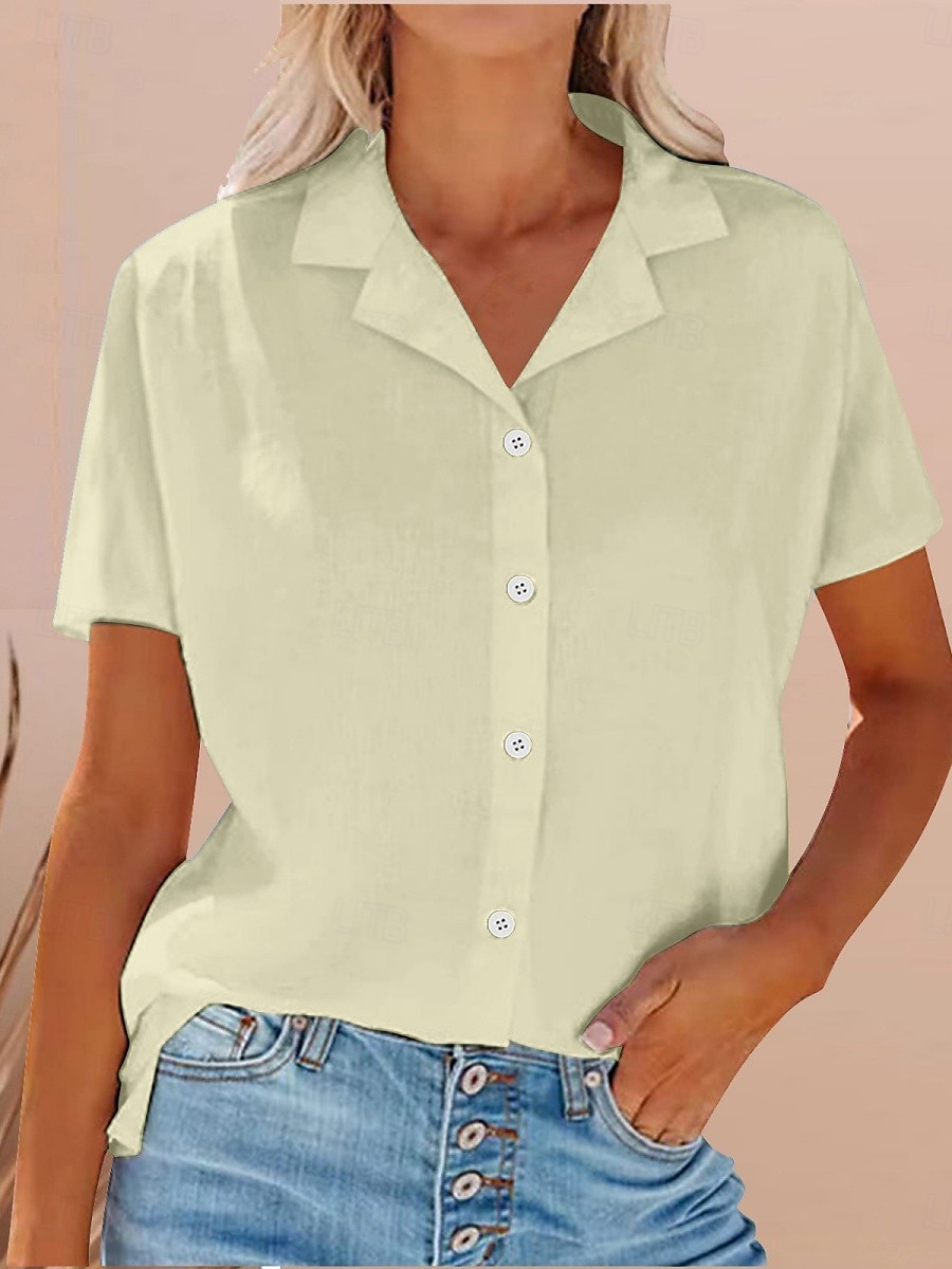 Damen Hemd Baumwoll-Leinen-Hemden Knopfleiste Bluse Einfarbig Stilvoll Lässig Kurzarm Hemdkragen Normale Oberteile Täglich Knöpfe Tasche Weiß Gelb Leicht Blau Sommer 2025 - $28.99 –P4