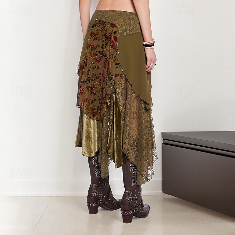 Femmes Jupe Mode Boho Midi Taille Basse Jupes Fleuri Dentelle Épissure Imprimé Micro-Élastique Vacances Rue Marron Été Polyester de 2025 ? $36.99 –P3