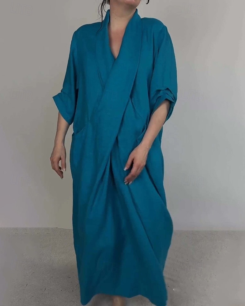 Per donna Abito Lungo Maxi Abito Abito in cotone e lino Moda Moderno All'aperto Vacanza Ferie Vestibilità regolare Semplice Mezza Manica Scollo a V Nero Bianco Blu Viola Estate del 2025 a $26.99 –P4