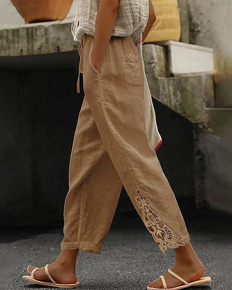 Women's Poly-Cotton Linen Texture Pants Cropped Pants Fashion Streetwear Comfort Ankle-Length Mid Waist Plain Lace Comfy Comfortable Street Daily Wear Going out Black White Blue Green Summer Regular 2025 - $14.49 –P3