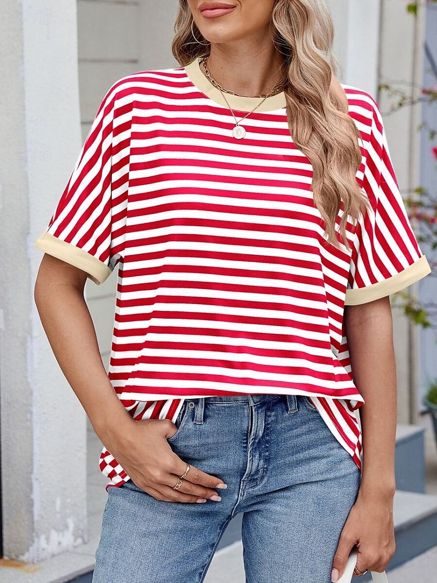 Femmes T-shirt Rayé Mode Élégant Moderne Manche Courte Col ras du cou Hauts Réguliers Quotidien Week-end Imprimé Noir Rouge Bleu Vert Été de 2025 ? $16.99 –P9