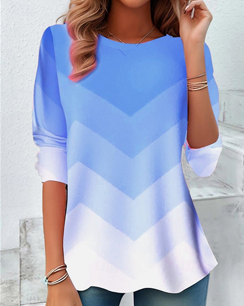 Women's T Shirt Tee Top Color Block Abstract Fashion Modern Long Sleeve Crew Neck Regular Tops Daily Print Red Sky Blue Light Blue Summer Spring 2025 - Kč439 –P1