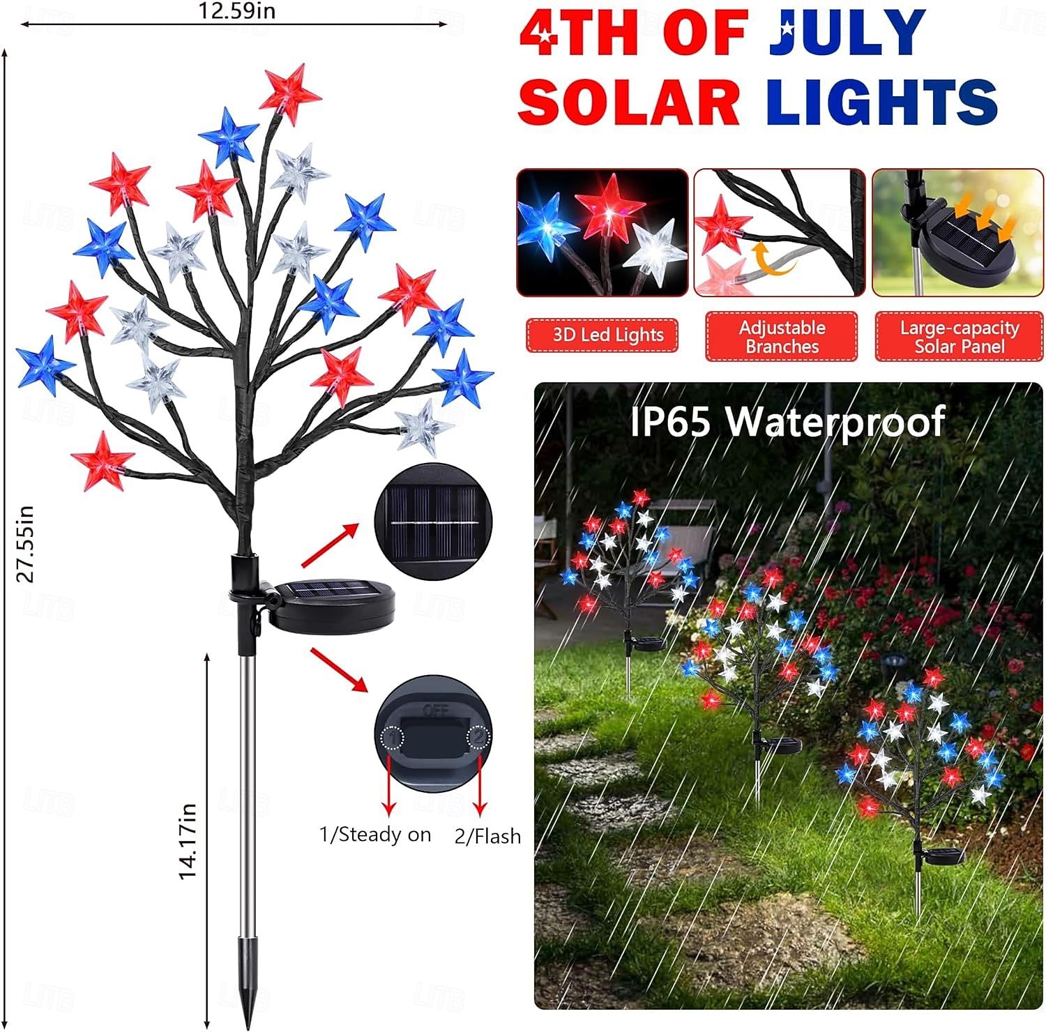 1 шт. патриотичных уличных водонепроницаемых солнечных ламп для Дня независимости 4 июля 250-й юбилей День памяти красный белый синий пентаграмма наземный свет декор для сада 2026 - $16.49 –P15