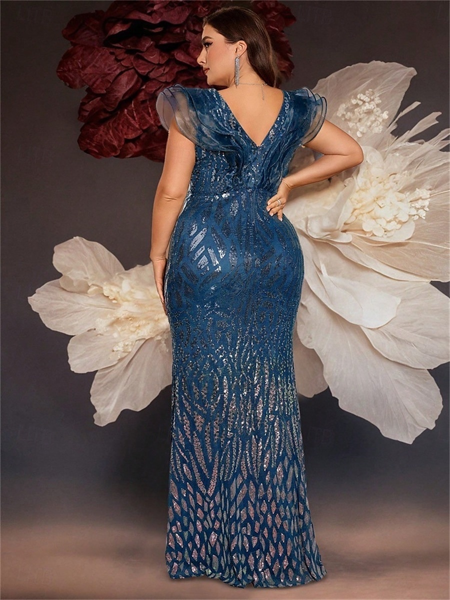 Vestidos Sereia  Trompete Plus Size Vestido Elegante Curvas Formal Casamento Comprimento do Chão Sem Mangas Decote em V Com Lantejoulas com Lantejoulas de 2025 por $169.99 –P27