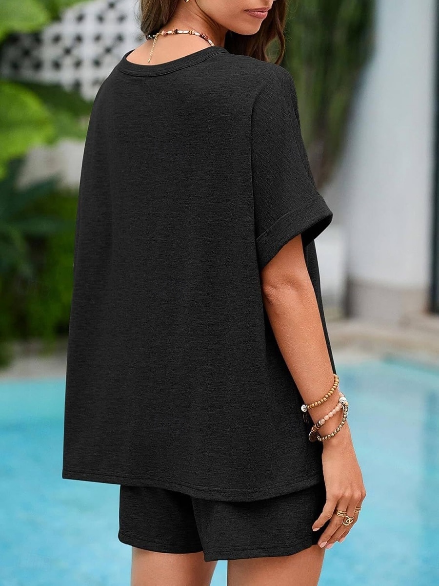 Dam Set med shorts Bolero Top Kortärmad Rund hals Ensfärgat Snörning Mode Streetwear Ledigt Dagligen Utomhus Blå Svart Brun Sommar Lös passning 2026 - $31.99 –P6
