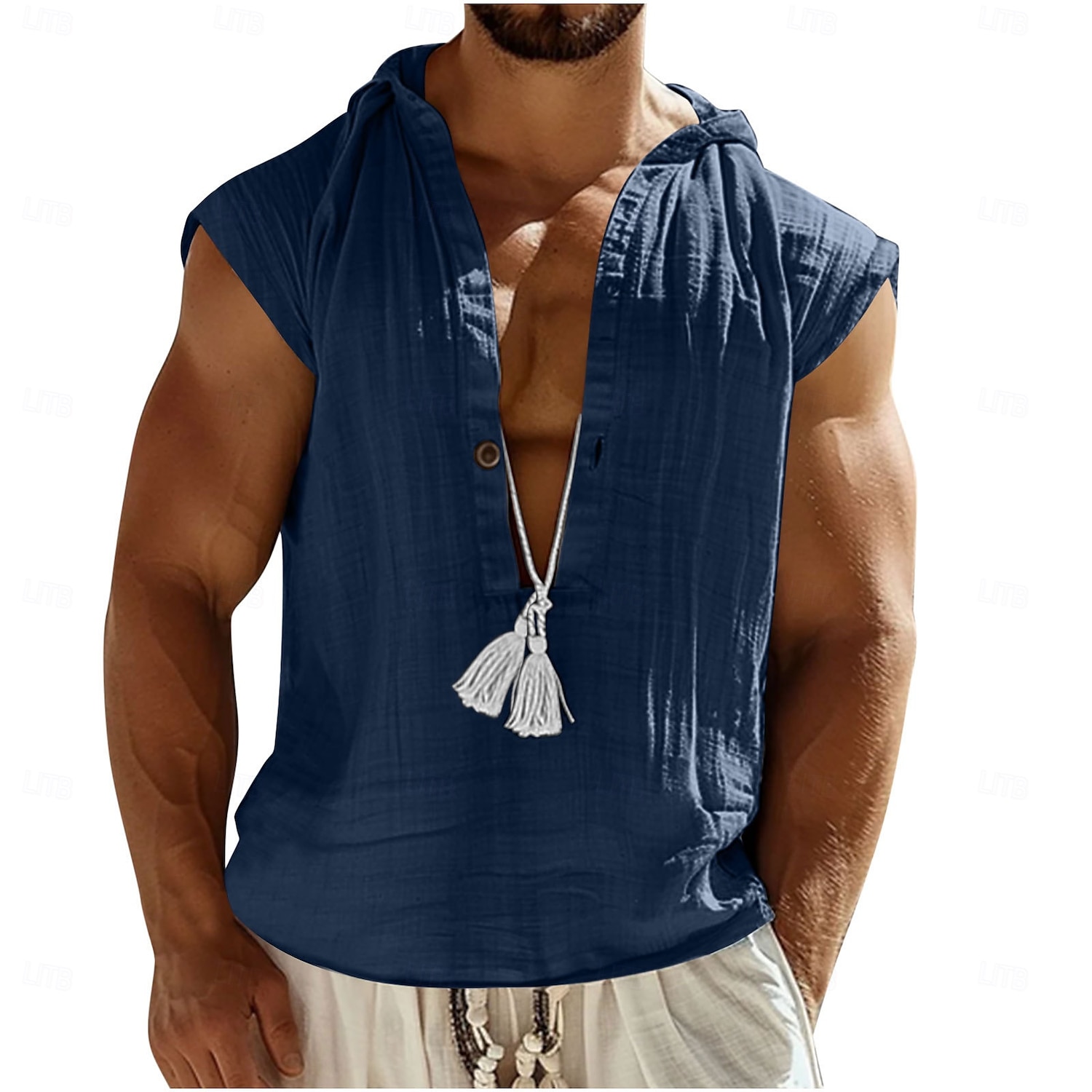 Men's Shirt Linen Shirt Viking Style Popover Shirt Summer Shirt Beach Wear Solid Color Vacation Home Black Navy Blue Sky Blue Green Sleeveless Hoodie Summer Spring Clothing Apparel 2025 - $21.99 –P9