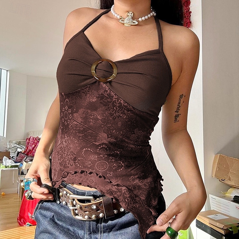 Pentru femei Cămașă Boho Bluză Floare Modern Boho Fără manșon Gâtul halter Topuri obișnuite Zilnic Concediu Ieșire Imprimeu Maro Trifoi Vară 2025 - $21.99 –P17