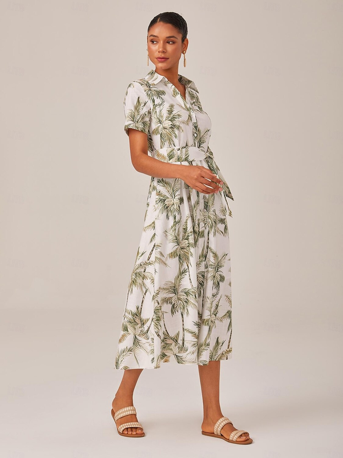 Dames Vrouw Shirtjurk Casual jurk Jurk met print Halflange jurk Groen Korte mouw Blad Planten Palmboom Zak Omgord Afdrukken Zomer Lente Herfst Overhemdkraag Vakantie XS S M 2025 - $81.99 –P8