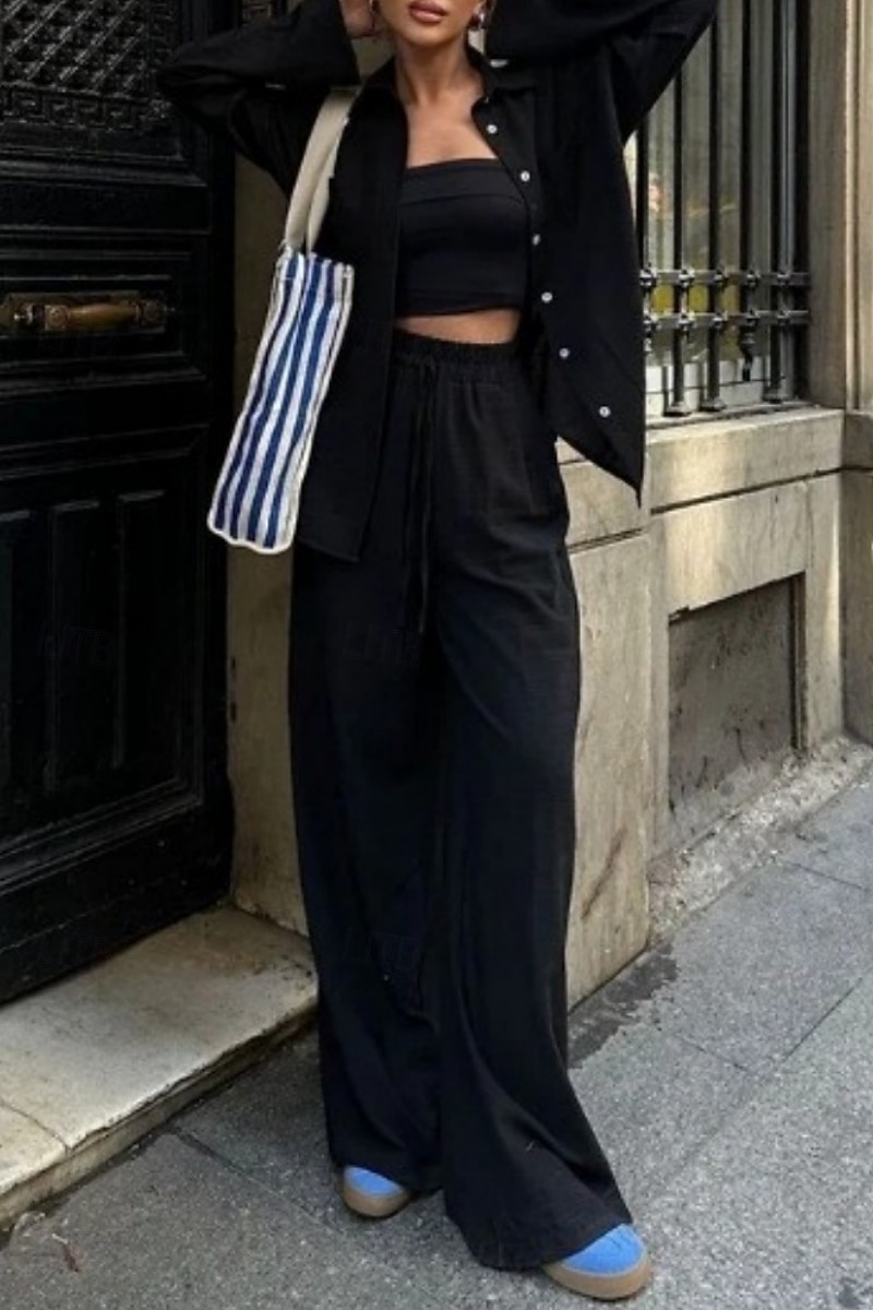 Completo da donna 100% cotone cotone lino camicia a maniche lunghe colletto tinta unita attivo basic casual quotidiano nero bianco giallo estivo vestibilità regolare del 2026 a $32.99 –P12