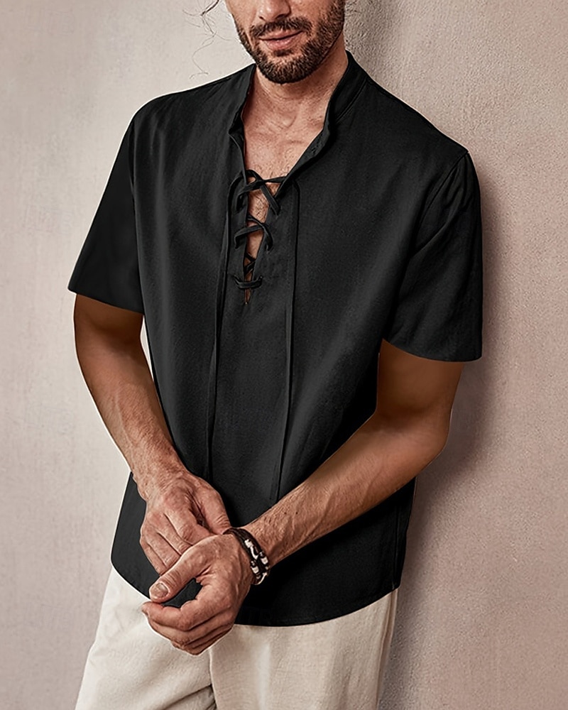 Men's Shirt Summer Shirt Casual Shirt Beach Shirt Black Apricot Short Sleeve Plain Band Collar Vacation Hawaiian Lace up Clothing Apparel Polyester Fashion Casual Comfortable 2025 - $23.99 –P4