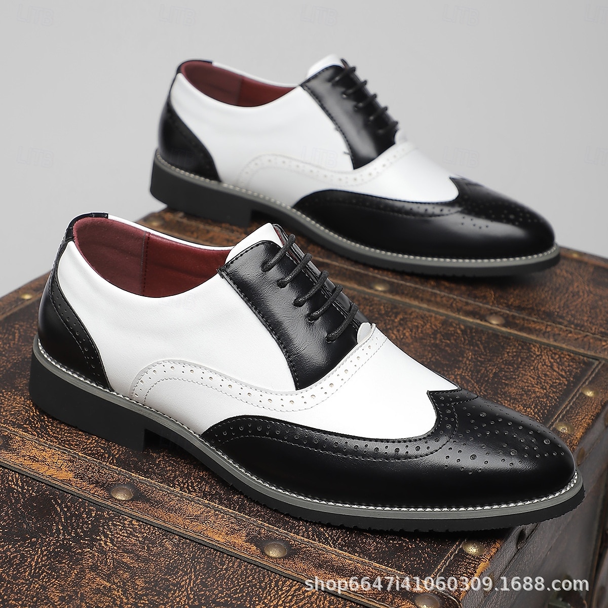 Herrskor i svart och vitt med wingtip-mönster i oxford-stil, Gatsby-inspirerade äkta läderskor i brogue-stil för jazzfester på 1920-talet, vintagebröllop och formella kvällsevenemang 2025 - $42.99 –P2