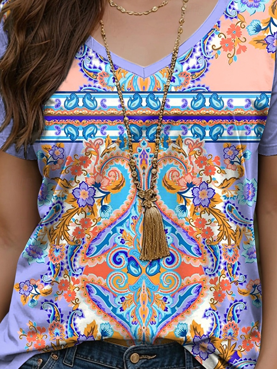 Pentru femei Tricou Floral Grafic Imprimeu Paisley Epocă Stilat Casual Manșon scurt În V Topuri obișnuite Zilnic Imprimeu Galben Roz Îmbujorat Albastru piscină Mov Vară 2025 - $19.99 –P3