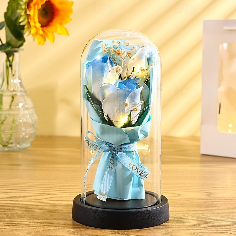 El ramo de rosas eternas, regalo para mamá, flores de jabón preservadas en cúpula de vidrio con luz, decoración de cumpleaños del día de la madre para mujeres 2026 - $15.99 –P8