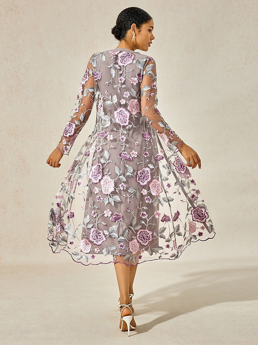Dam Telängd Cocktail klänning Klänning Set Bröllopsgästklänning A linjeklänning Elegant Formell Bröllop Fest Normal Blommig Långärmad Rund hals Grå rosa Sommar Vår Höst 2025 - $69.99 –P5