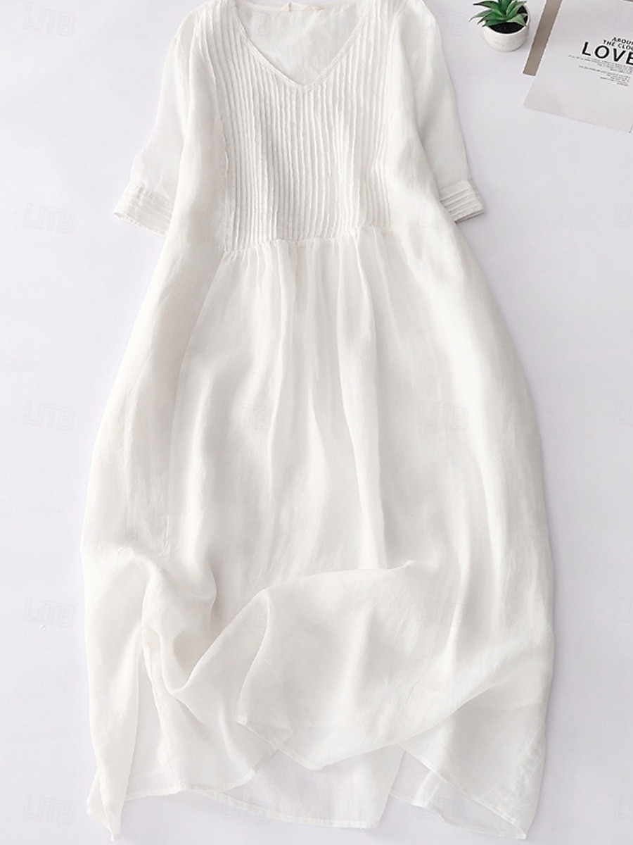 Rochie midi din bumbac și in pentru femei, rochie tip A, rochie de vară, casual, croială regulată, simplă, mânecă scurtă, guler rotund, alb, albastru, violet, verde, vară 2025 - $38.99 –P2