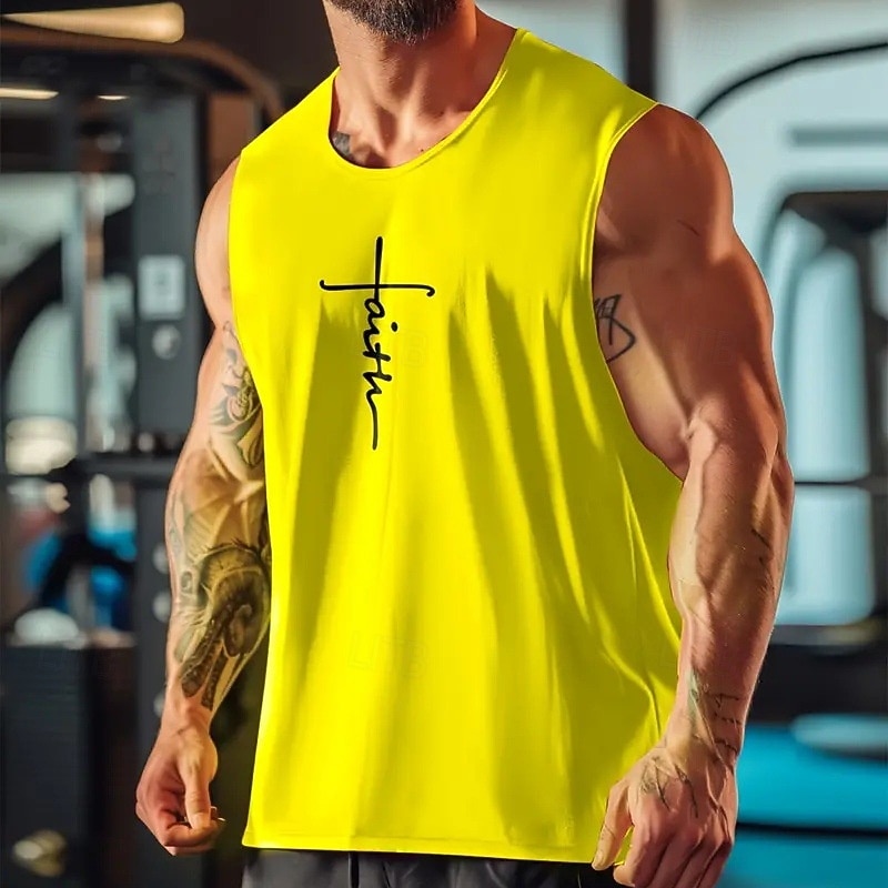 2026年 メンズ バイブル タンクトップ ベスト アンダーシャツ ノースリーブシャツ ノースリーブ クルーネック サマー レター ファッション デザイナー ベーシック クラシック バケーション ストリート 外出用 ブラック ホワイト イエロー トップ Tシャツ メンズ  コレクション – $15.49 –P8