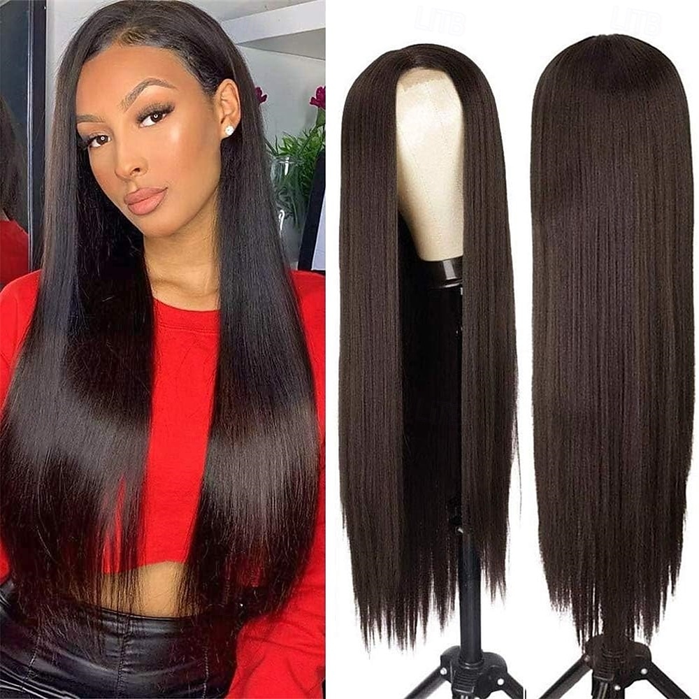 Peruca loira ombré longa de aparência natural com raízes castanhas, sem cola, para mulheres, cabelo sintético liso e sedoso, resistente ao calor, 28 polegadas de 2025 por $27.99 –P10