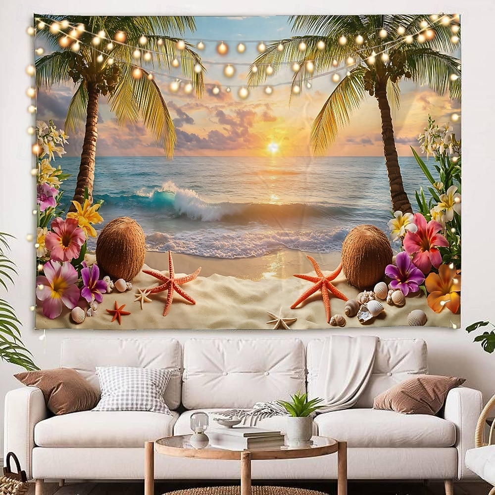 strand hav kokospalmer havutsikt soloppgang landskap billedvev dekorativ kunst teppe gardin hengende hjem soverom stue dekorasjon 2025 - $14.99 –P2