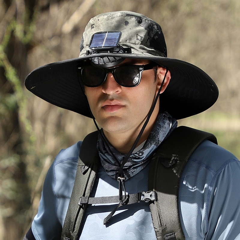 czapka z wentylatorem solarnym unisex kapelusz przeciwsłoneczny na zewnątrz z wbudowanym wentylatorem solarnym, szerokim rondem, ochrona UPF kapelusz typu bucket na wędrówki wędkarskie plażę 2025 - $31.99 –P1