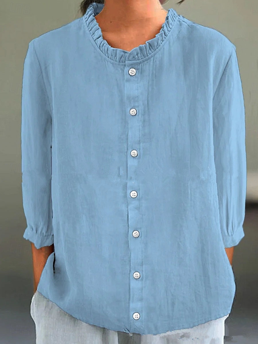 Women's Cotton Linen Blouse Solid Color Elegant Stylish Casual 3/4 Length Sleeve Crew Neck Regular Tops Daily Holiday Buttons Black White Yellow Pink Blue Summer 2025 - $26.99 –P6