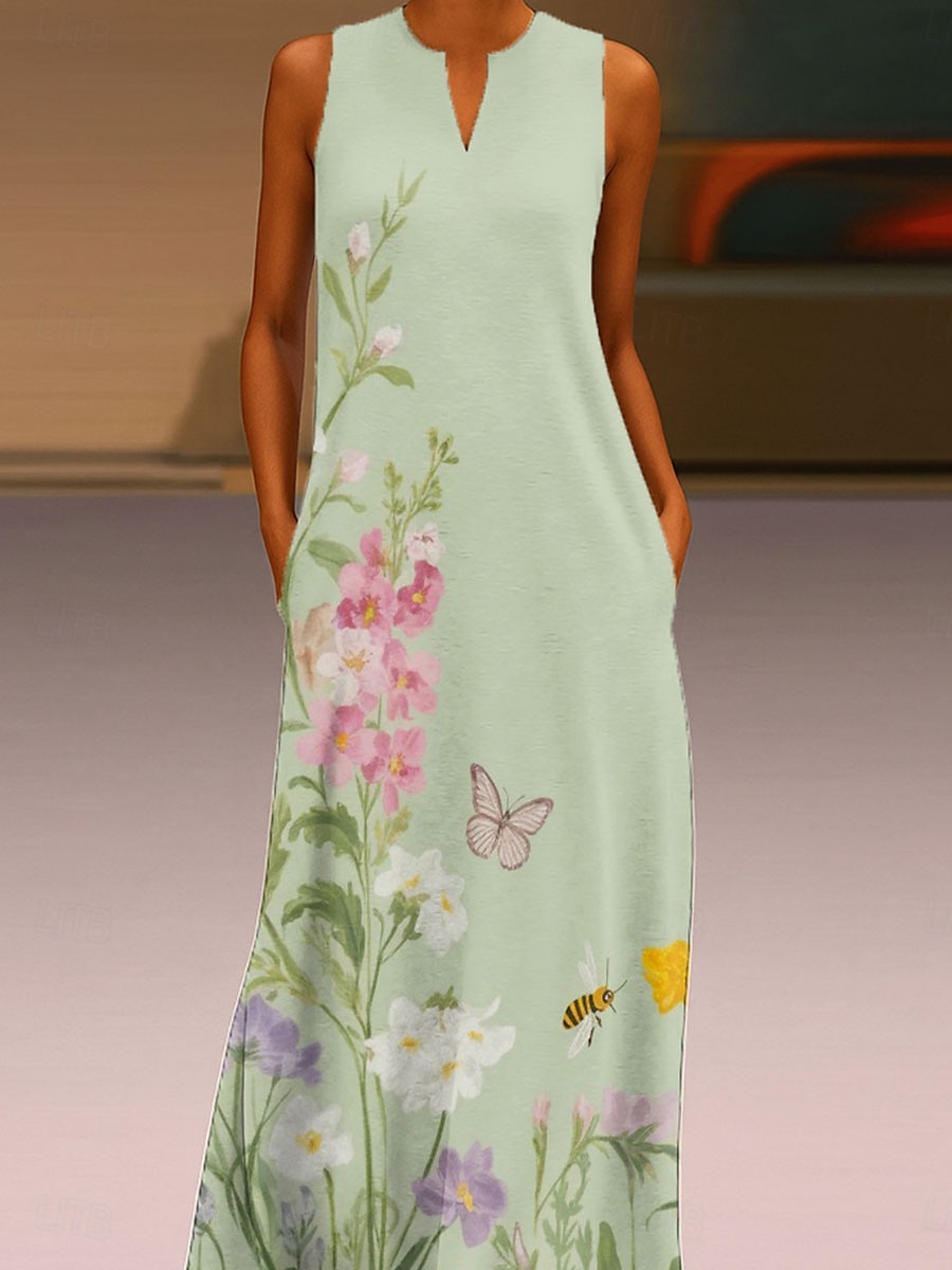 Women's Maxi Dress Sundress A Line Dress Summer Dress Vacation Casual Boho Daily Holiday Loose Fit Floral Graphic Sleeveless V Neck Green Summer 2025 - $36.99 –P2