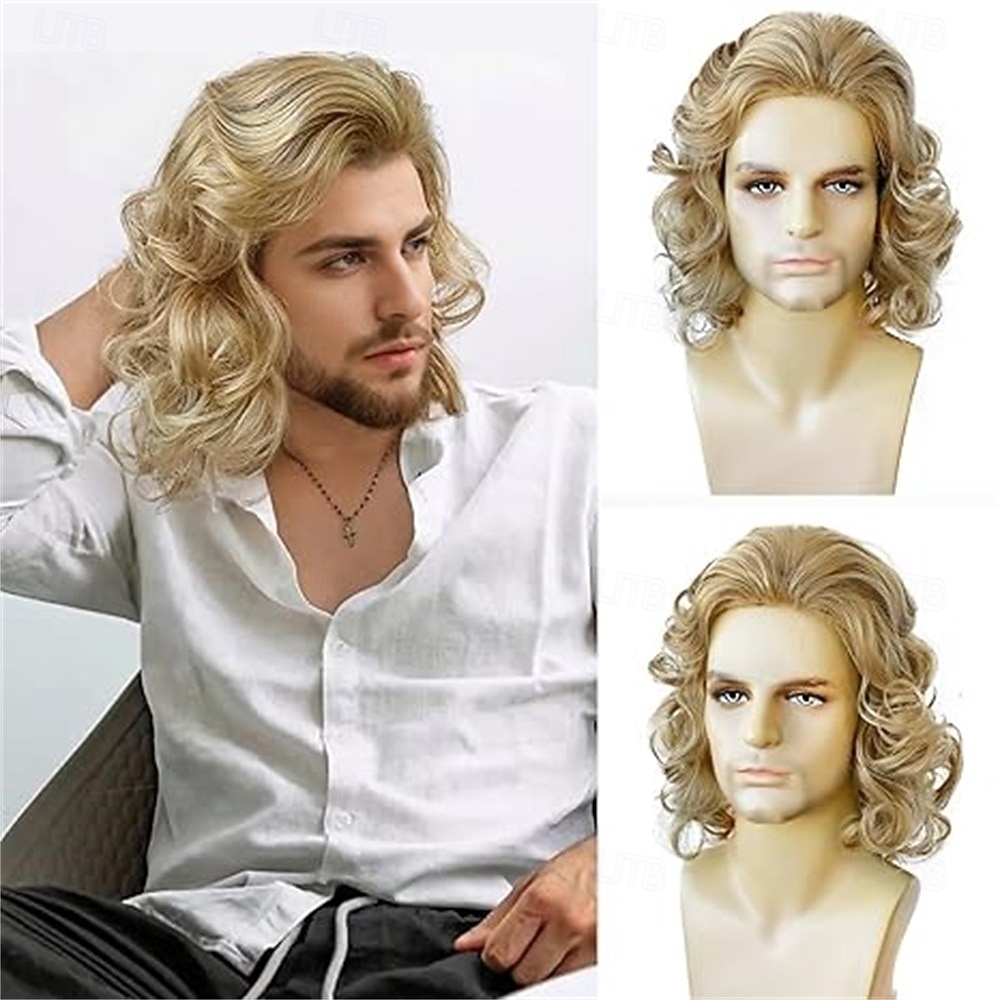Peruca masculina marrom natural, ondulada, cacheada, longa, sintética, estilo roqueiro, cosplay, anos 70 e 80, acessório para fantasia de Halloween de 2026 por $25.99 –P2