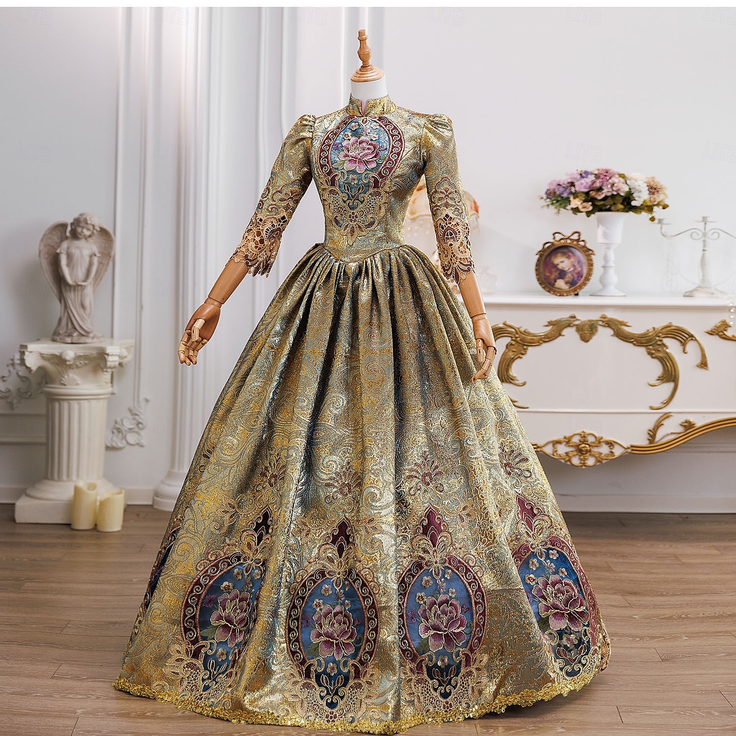 Vintage Rokoko Renässans Maxi Klänningar Vanligt Juliet ärm Prinsessa Brud Plisserad Med volanger Prinsessa Rund hals Maskeradkläder Dam Halloween Karnival Maskerad Prestanda Fest Halloween Vuxen 2026 - $218.69 –P2