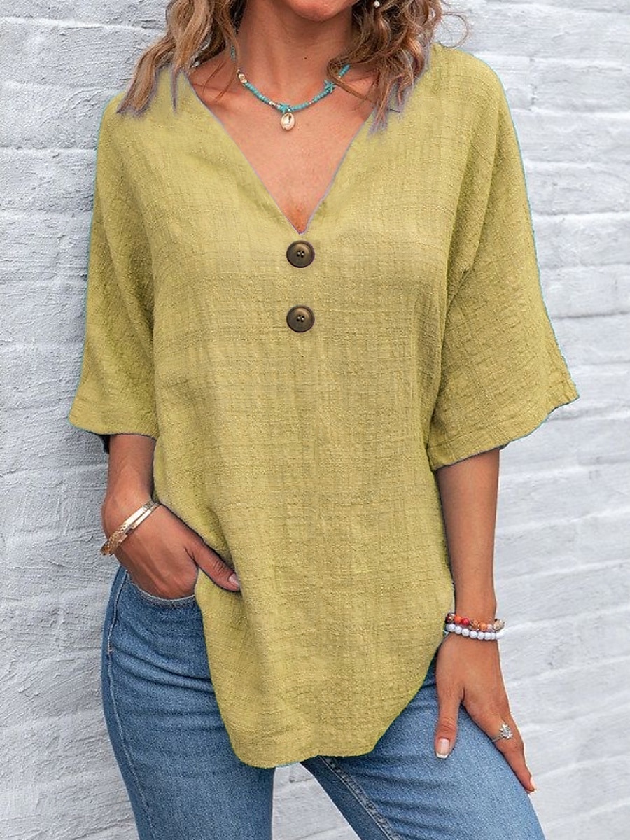 Femmes Chemise Uni Basique Occasionnel Demi Manches Col de chemise Hauts Réguliers Quotidien Boutons Jaune Bleu Roi Vert Gris Clair Gris Été de 2025 ? $22.99 –P5