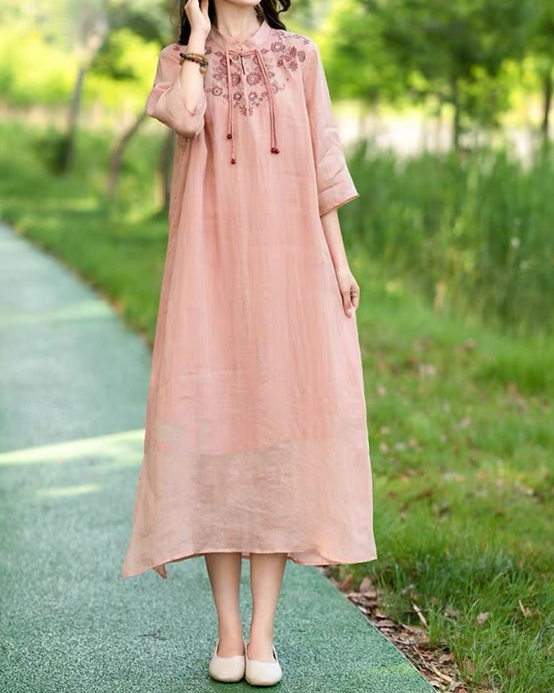 Pentru femei Rochii Midi Rochie din in bumbac Rochie florala Modă Modern Vacanță Zilnic Concediu Fit regulat Floare Manșon Jumate Guler de stand Roz Îmbujorat Albastru piscină Trifoi Caisă Vară 2025 - $28.99 –P15