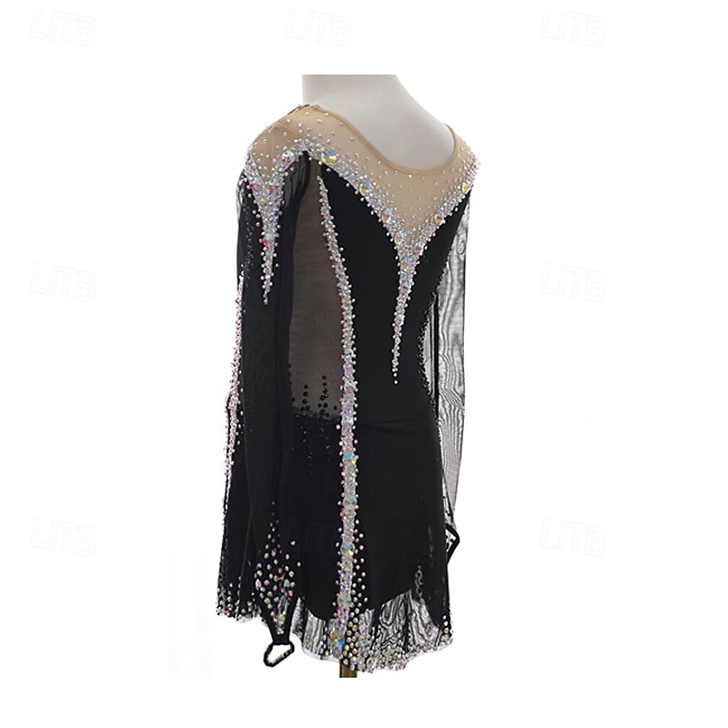 Kjole til kunstløp Dame Jente Skøyteløp Kjoler Svart Lapper Tommelhull Netting Spandex Elastisk Trening Profesjonell Konkurranse Skøyteklær Hold Varm Krystall / Rhinstein Langermet Skøyting Kunstløp 2025 - $162.99 –P2