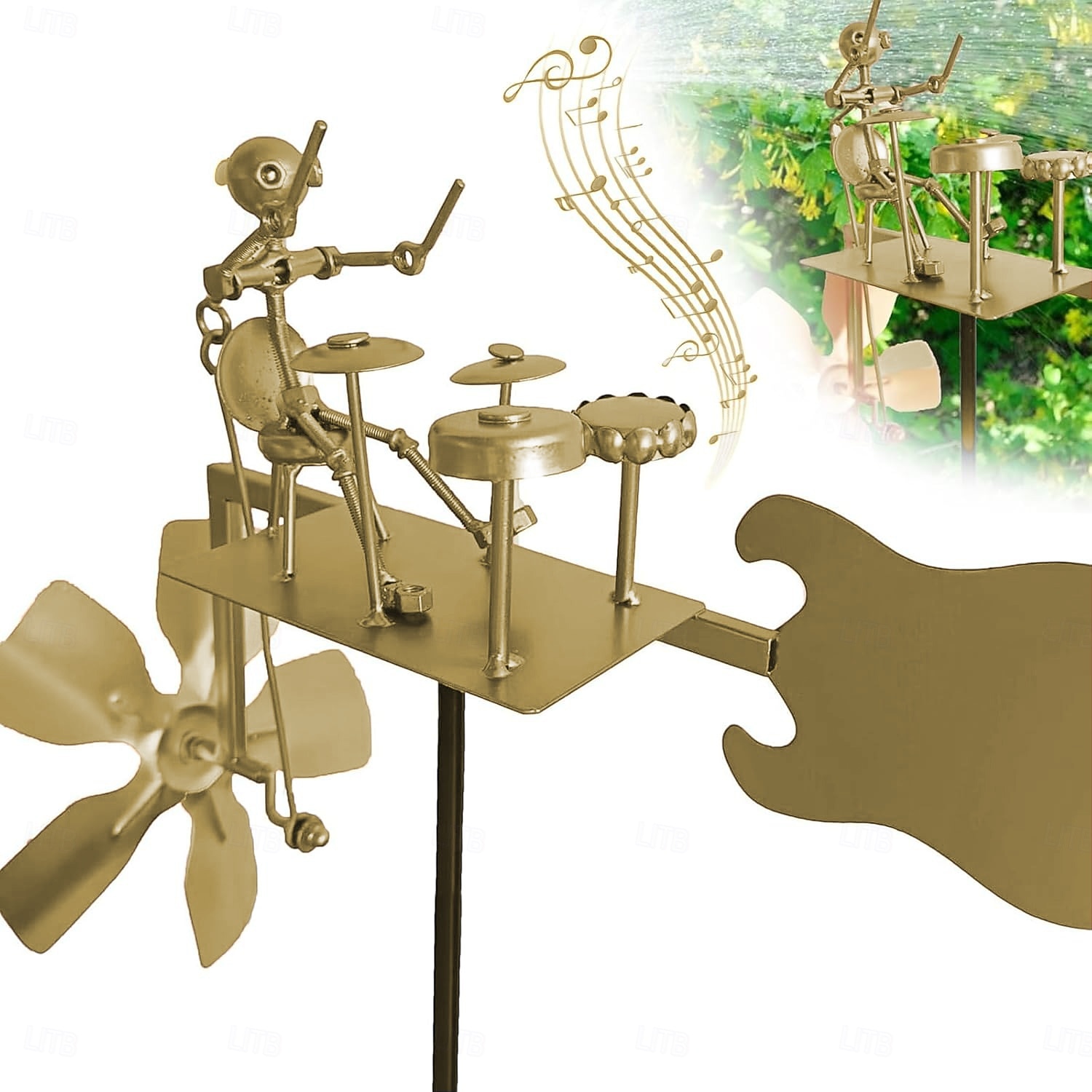 handgjord metalltrummis vindkvarn trädgårdssnurra, musikalisk vindskulptur i metall med gitarrdesign, trädgårdsdekor för utomhusbruk, vinddriven kinetisk konstpresent för män 2026 - $28.99 –P2
