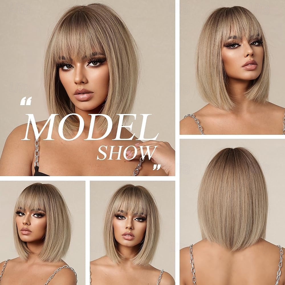 омбре блонд боб парик с челкой короткий прямой парик для женщин синтетические волосы парики для повседневной носки косплей вечеринка 2025 - $24.99 –P6