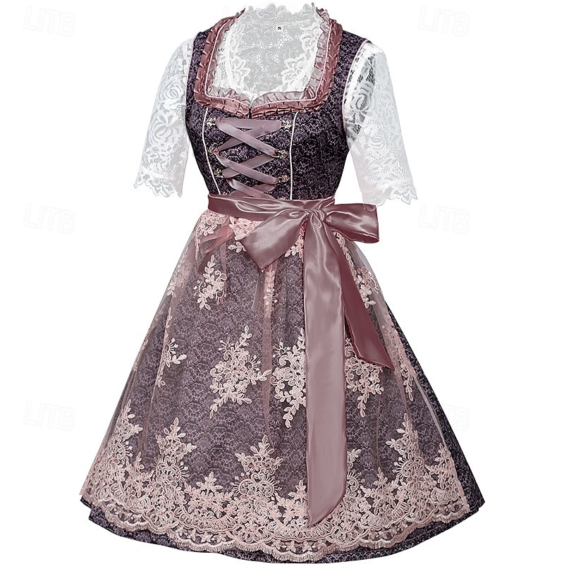 Damen Lila Spitze Dirndl Kleid mit Bluse und Pinker Schürze für das Oktoberfest Wiesn Party 2025 - $68.99 –P2