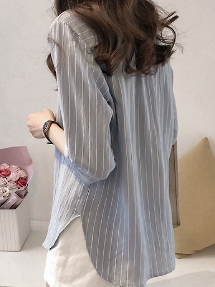 Femmes Chemise Rayé Élégant Occasionnel Manche 3/4 Col ras du cou Hauts Réguliers Quotidien Boutons Imprimé Blanche Rose Claire bleu marine Bleu clair Été de 2025 ? $17.99 –P2