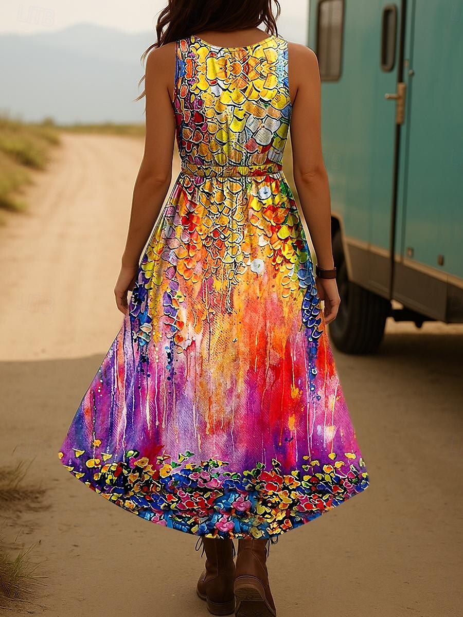 Damskie Sukienka midi Sukienka A line Letnie sukienki Urlop Codzienny Boho Wyjściowe Plaża Regularny Kwiaty Graficzny Bez rękawów W serek Niebieski Fioletowy Pomarańczowy Zielony Lato Wiosna 2025 - AU $61.89 –P2
