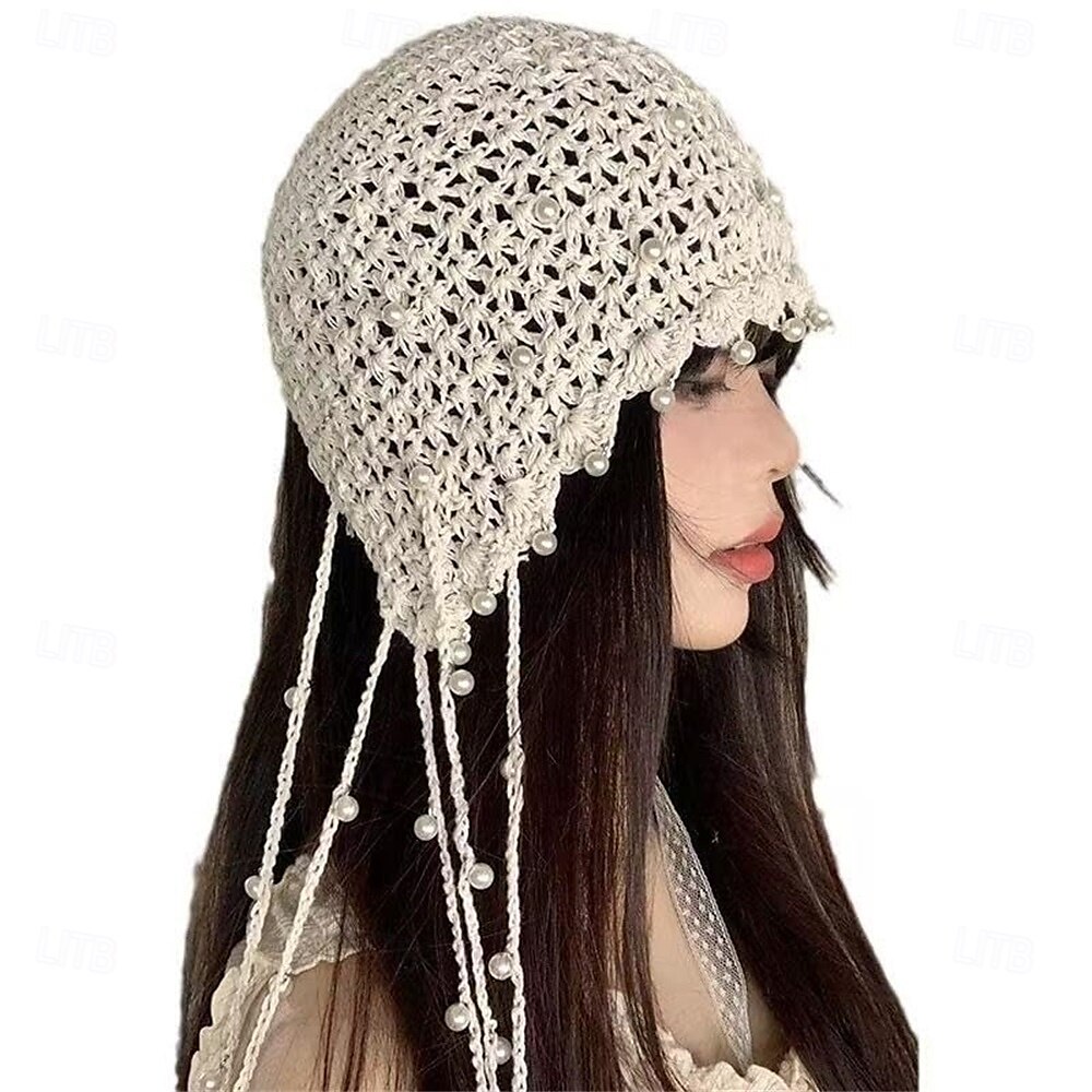 قطعة واحدة من عصابة الرأس المجوفة ذات اللون البيج مع لؤلؤة وشرابة 2025 - $13.49 –P3
